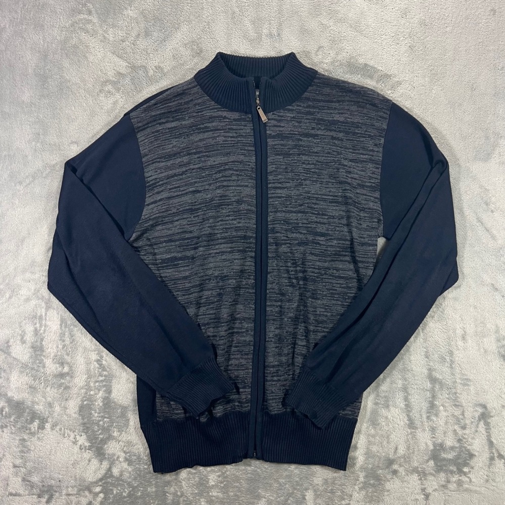 Haband Full Zip Sweater Mens Size M Navy Grey Mock Neck‎ Ribbed Lightweight